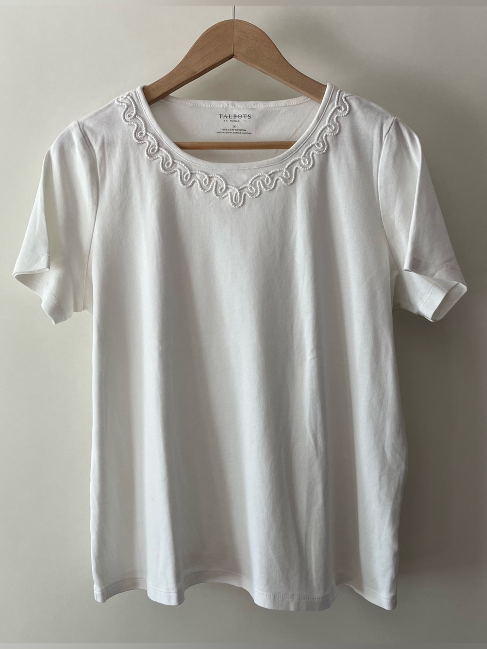 Talbots White Cotton Short-Sleeve T-Shirt Embroidered Neckline Size 1X